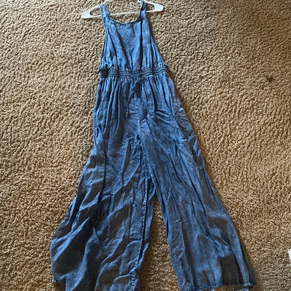 Wide legged denim romper